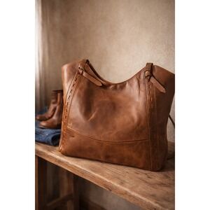 Vintage Brown Leather Tote Slouchy Shoulder Bag Minimalist Boho